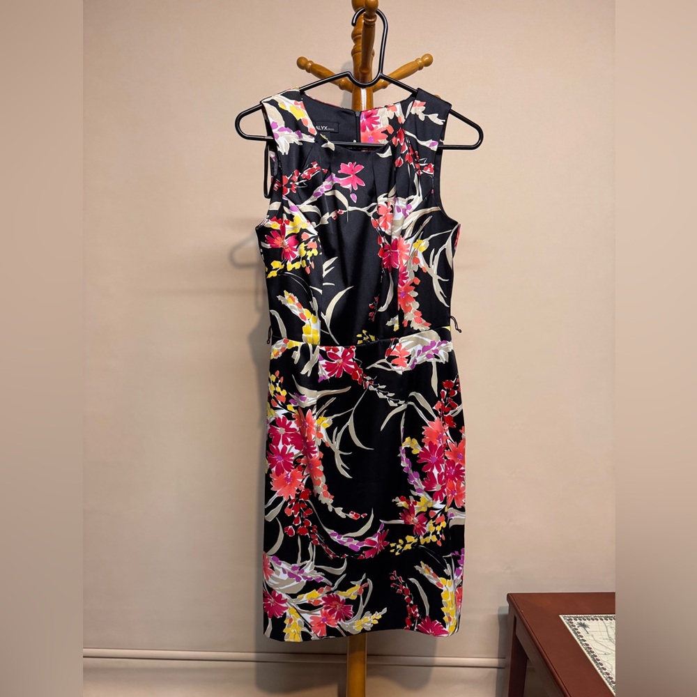 Women’s Fitted Alyx Black Midi Dress with Pink, Yellow & White Floral Print